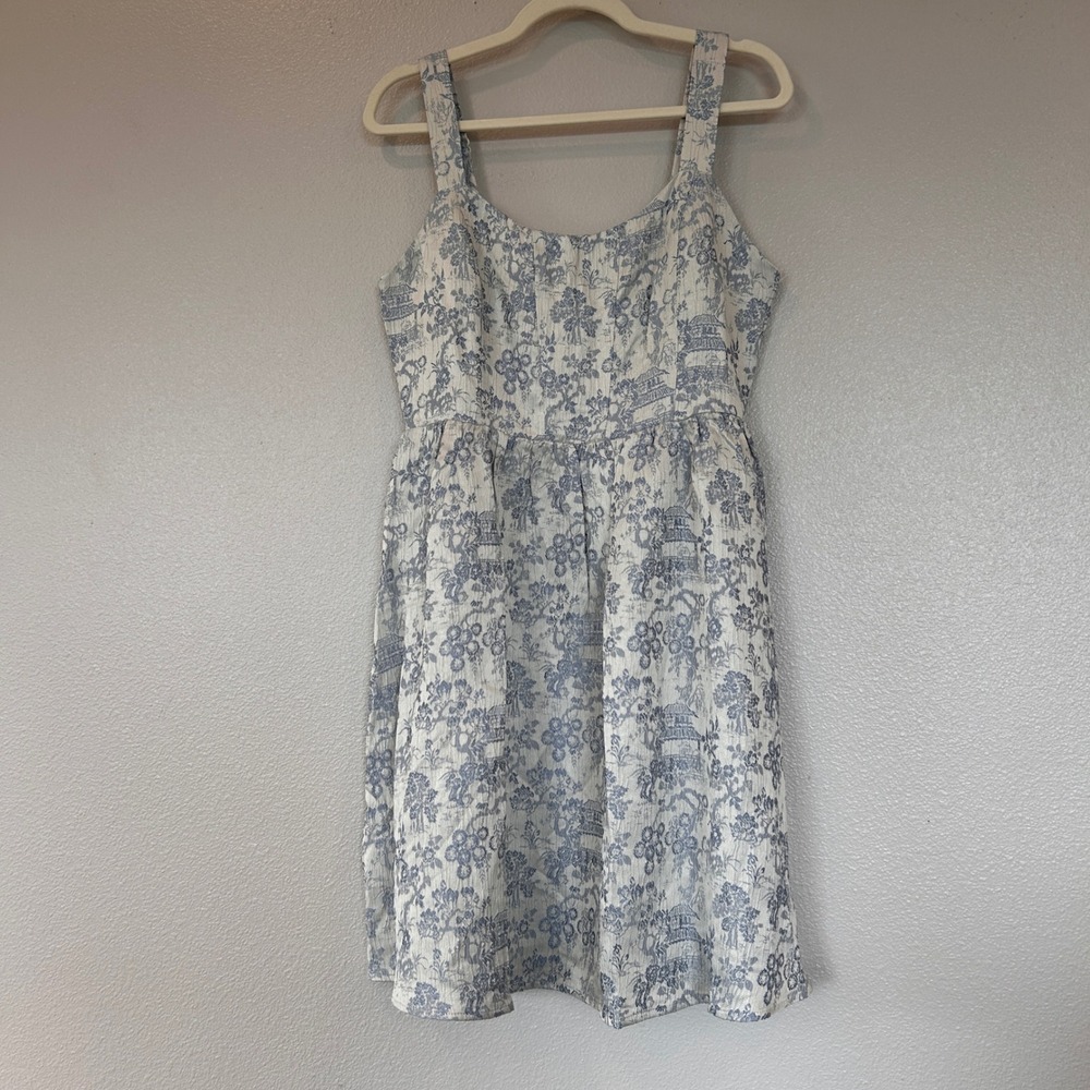 Baltic Born Eveline Blue White Toile Floral Fit and Flare Pocket Dress Size L